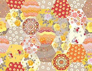 Cute seamless patchwork pattern with flowers and polka dot ornaments in warm yellow colors