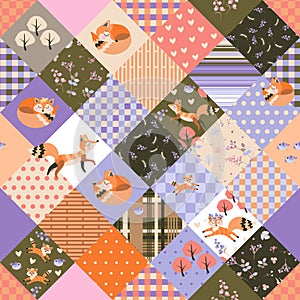 Cute seamless patchwork pattern with foxes, birds, flowers and trees. Quilting design