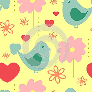 Cute seamless pattern with abstract birds, flowers and hearts.