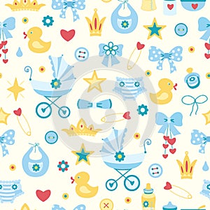 Cute seamless pattern with baby girl things.Diaper,carriage,stroller, pin,