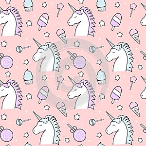 Cute seamless pattern background illustration with unicorn, candy, lollipop, ice cream, stars and cupcake