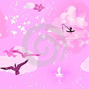 Cute seamless pattern background with pink sea and sail boat near seagulls in the sky and fall leaves. Wallpaper for