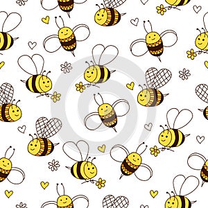 Cute seamless pattern with bee, flowers and hearts.
