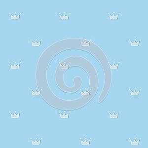 Cute seamless pattern. Blue royal vector background. Doodle crown with white dots. D photo