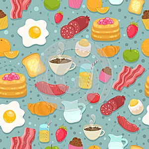 Cute seamless pattern with breakfast food photo