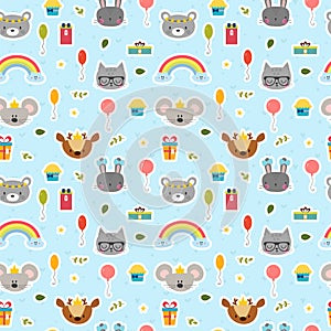 Cute seamless pattern with cartoon animals. Happy Birthday theme. Sweet background for children