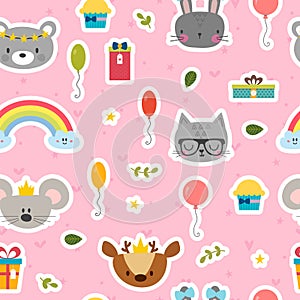 Cute seamless pattern with cartoon animals. Sweet background for children. Happy Birthday theme