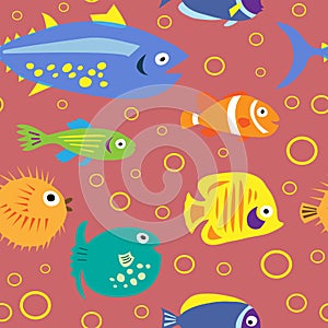 Cute seamless pattern with cartoon fish on a pink background