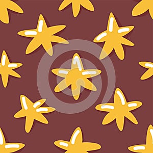 Cute seamless pattern with cartoon gold stars on chocolate color background. Stargazer. Christmas holiday wallpaper.