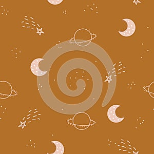 Cute seamless pattern of childish starry sky. Moon with stars in the background. Vector simple children's hand drawn