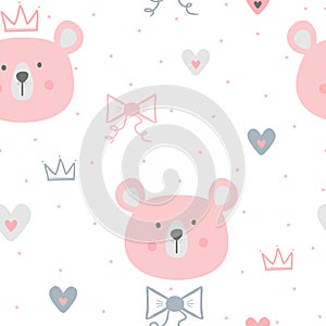 Cute seamless pattern for children. Repeated faces of bears, hearts, crowns, bows and polka dots.