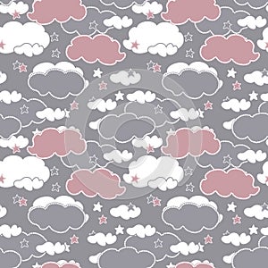 Cute seamless pattern with clouds. Cartoon pink and white clouds and stars on gray background