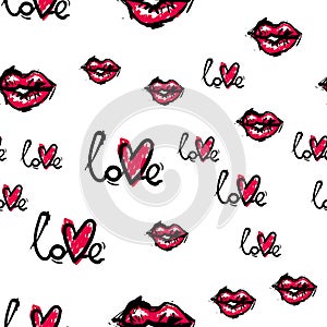 Cute seamless pattern. Color romantic background. Illustration with lips. Valentines day theme.