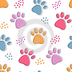Cute seamless pattern with colorful pets paws. Cat or dog footprint outline bright background with dots