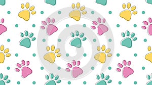 Cute seamless pattern with colorful pets paws on white. Cat or dog footprint outline background with dots. Animal backdrop for pet