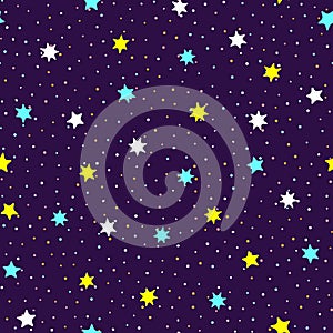Cute seamless pattern with colorful stars. Cartoon endless texture of night sky.