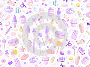 Cute seamless pattern with colorful sweets, cakes, lollipops. Cartoon seamless pattern with candy and sweet dessert. Fun