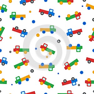 Cute seamless pattern consisting of colorful children s truck toys in red blue green and orange colors. Vector.