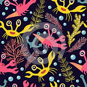 Cute seamless pattern with crabs.Cartoon doodle print with happy sea creatures.