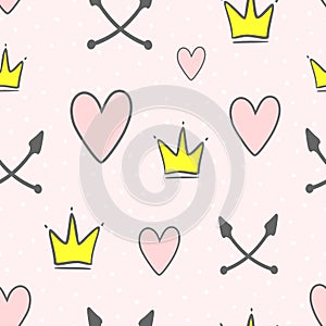 Cute seamless pattern with crowns, hearts, crossed arrows and round dots. Endless girlish print. photo