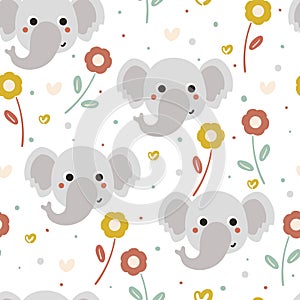Cute seamless pattern with cute cartoon of elephant and flowers. for fabric print, kids wallpaper