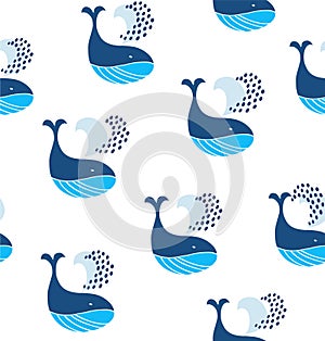 Cute seamless pattern with decorative whales. Vector decorative marine background.