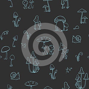 Cute seamless pattern with digital hand drawn abstract forest mushrooms flowers and snails. Kids wallpapers. Nice