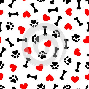 Cute seamless pattern with dog bone, paw print and red heart, transparent background