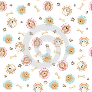 Cute seamless pattern with dogs portraits, bones, dog footprints. Shih tzu, yorkshire terrier, poodle illustrations. Cute dog