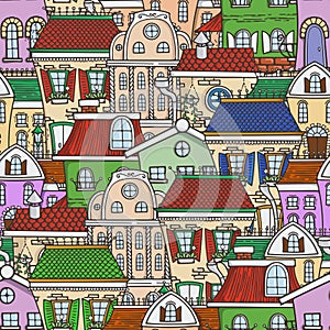 Cute seamless pattern of doodle houses.