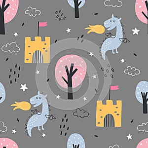 cute seamless pattern with dragon and castle