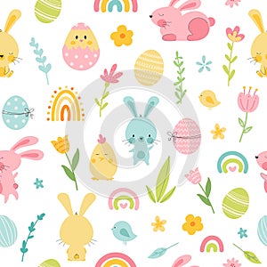 Cute seamless pattern with easter bunny and eggs