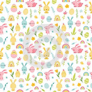 Cute seamless pattern with easter bunny and eggs
