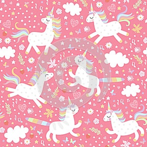 Cute seamless pattern with fairy unicorns on pink background. Print for fabric, textile. Vector Illustration