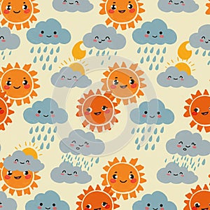 Cute seamless pattern featuring cartoon suns and clouds. Smiling suns in bright
