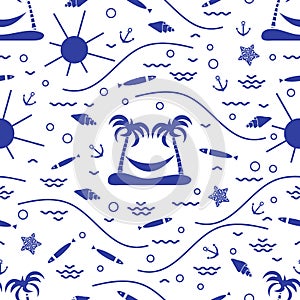 Cute seamless pattern with fish, island with palm trees and a hammock, anchor, sun, waves, seashells, starfish