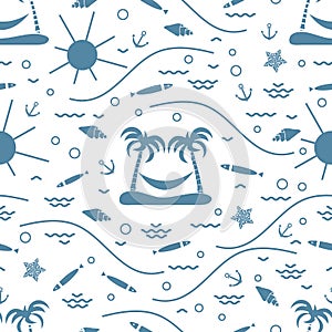 Cute seamless pattern with fish, island with palm trees and a hammock, anchor, sun, waves, seashells, starfish