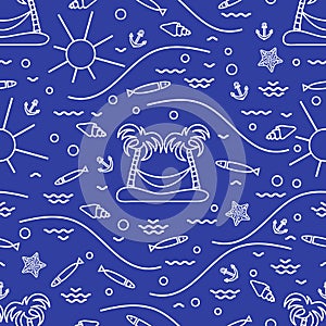 Cute seamless pattern with fish, island with palm trees and a hammock, anchor, sun, waves, seashells, starfish. Design for banner