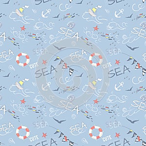Cute seamless pattern with fishes, ships, anchors, lifebuoy and sea slogan.