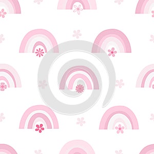 Cute seamless pattern with flowers and rainbow