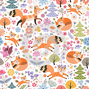 Cute seamless pattern with foxes and birds among flowers and trees on white background. Beautiful vector illustration for children