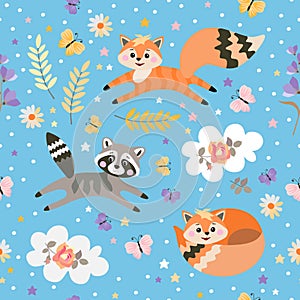 Cute seamless pattern with foxes and raccoon among flowers, leaves and stars on light blue background