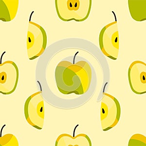 Cute seamless pattern of fresh apple halves and sliced isolated on light background. Food or drink fruit concept.