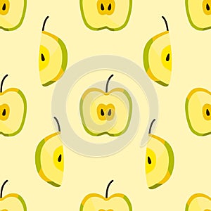 Cute seamless pattern of fresh apple halves and sliced isolated on light background. Food or drink fruit concept.