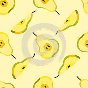 Cute seamless pattern of fresh pear halves and sliced isolated on light background. Food or drink fruit concept.