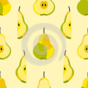 Cute seamless pattern of fresh pear halves and sliced isolated on light background. Food or drink fruit concept.