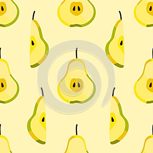 Cute seamless pattern of fresh pear halves and sliced isolated on light background. Food or drink fruit concept.