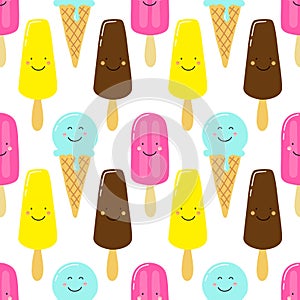 Cute seamless pattern with funny cartoon characters of ice cream with pink cheeks and winking eyes on white background