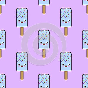 Cute seamless pattern with funny cartoon characters of ice cream winking eyes on pink background. Flat design, vector