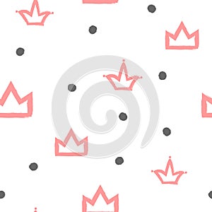 Cute seamless pattern for girls. Repeated crowns and circles.